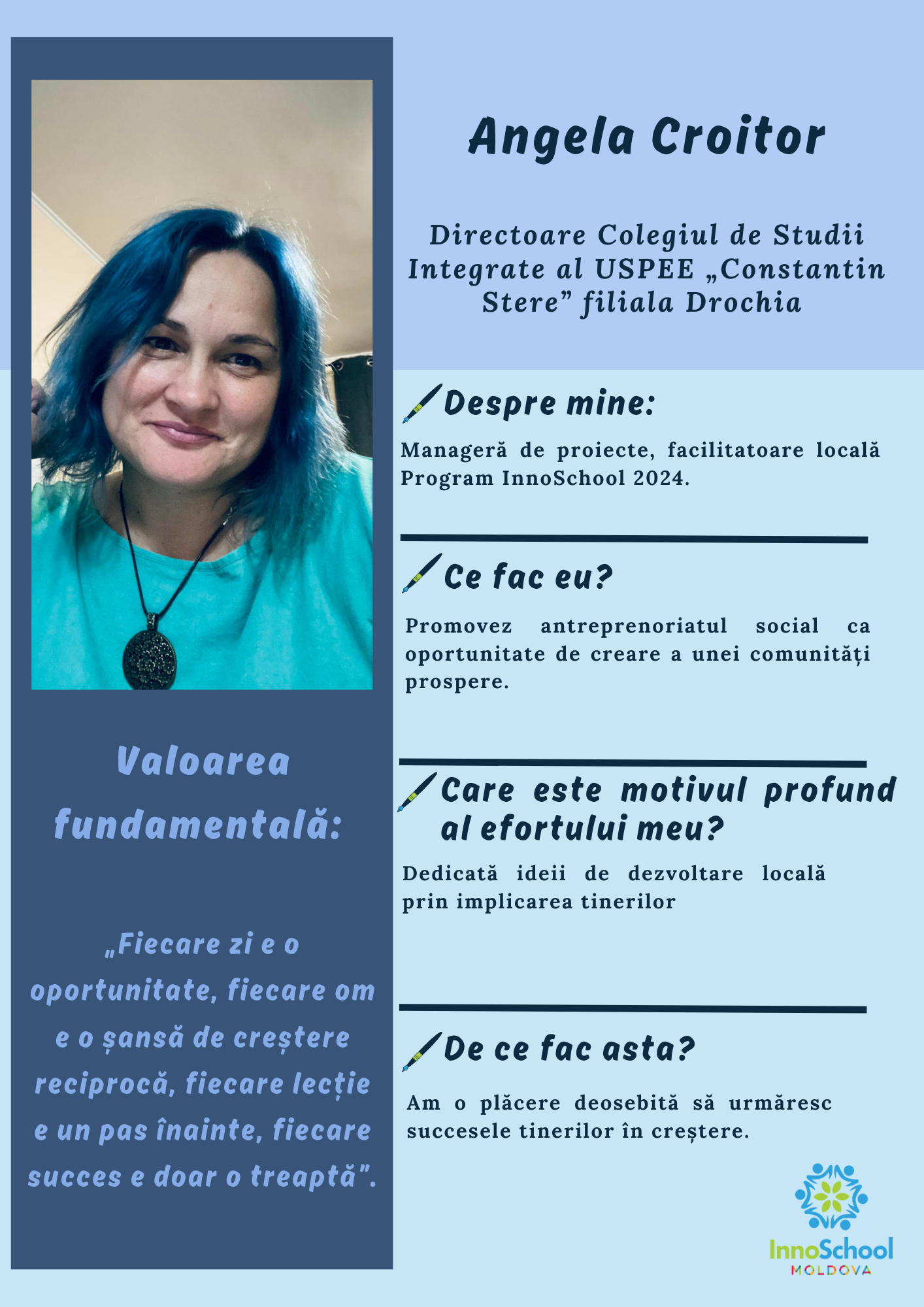 Angela Croitor – Facilitatoarea care inspiră Tinerii către Inovare și Schimbare Socială în cadrul InnoSchool Next în Moldova
