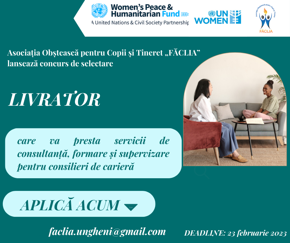 Concurs de selectare a unui livrator care va presta servicii de consultanță, formare și supervizare pentru consilieri de carieră